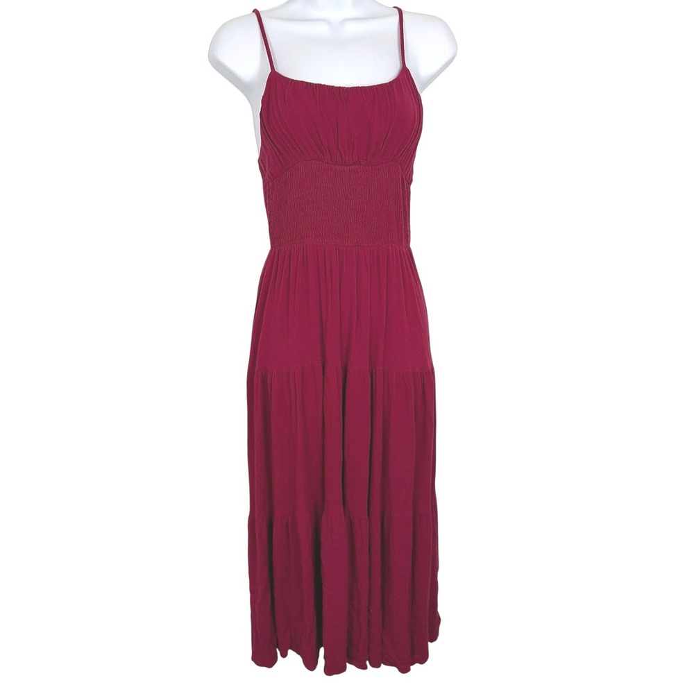 Womens Boho Tiered Maxi Summer Dress Smocked Spaghetti Strap Red Burgundy Small